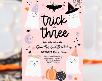 Trick or Three Halloween Ghost 3rd Birthday Party Invitation Editable, Ghost Third Birthday Spooktacular 3rd Birthday invite pink girl