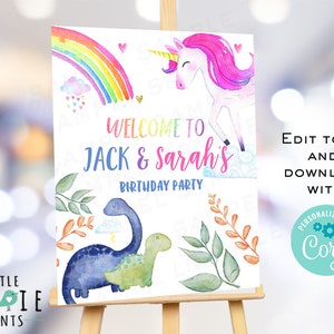 Unicorn and Dinosaur birthday party welcome sign Unicorns and Dinosaurs birthday decorations Editable on Corjl instant download boy and girl