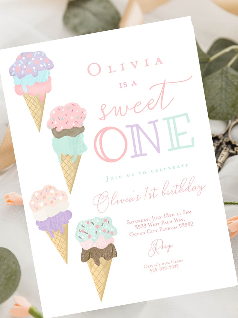 May include: A pink and purple birthday invitation with a sweet one theme. The invitation features three ice cream cones with sprinkles and a pink and purple background. The text on the invitation reads "Olivia is a sweet one" and includes details for the birthday party.
