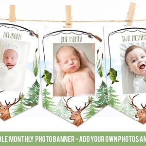 Hunting fishing first birthday party monthly photo banner, milestone banner editable, camping outdoors deer buck, camper 1st birthday