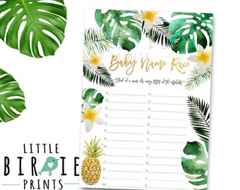 Tropical baby shower game Baby Name Race Game Luau Baby Shower game Baby Name Race ABC Palm Luau pineapple baby shower game instant download