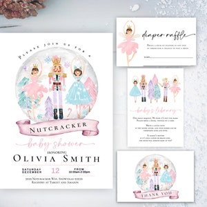 Nutcracker baby shower invitation Winter christmas baby shower invitation sugar plum fairy ballerina snow Pink and Blue diaper raffle ticket