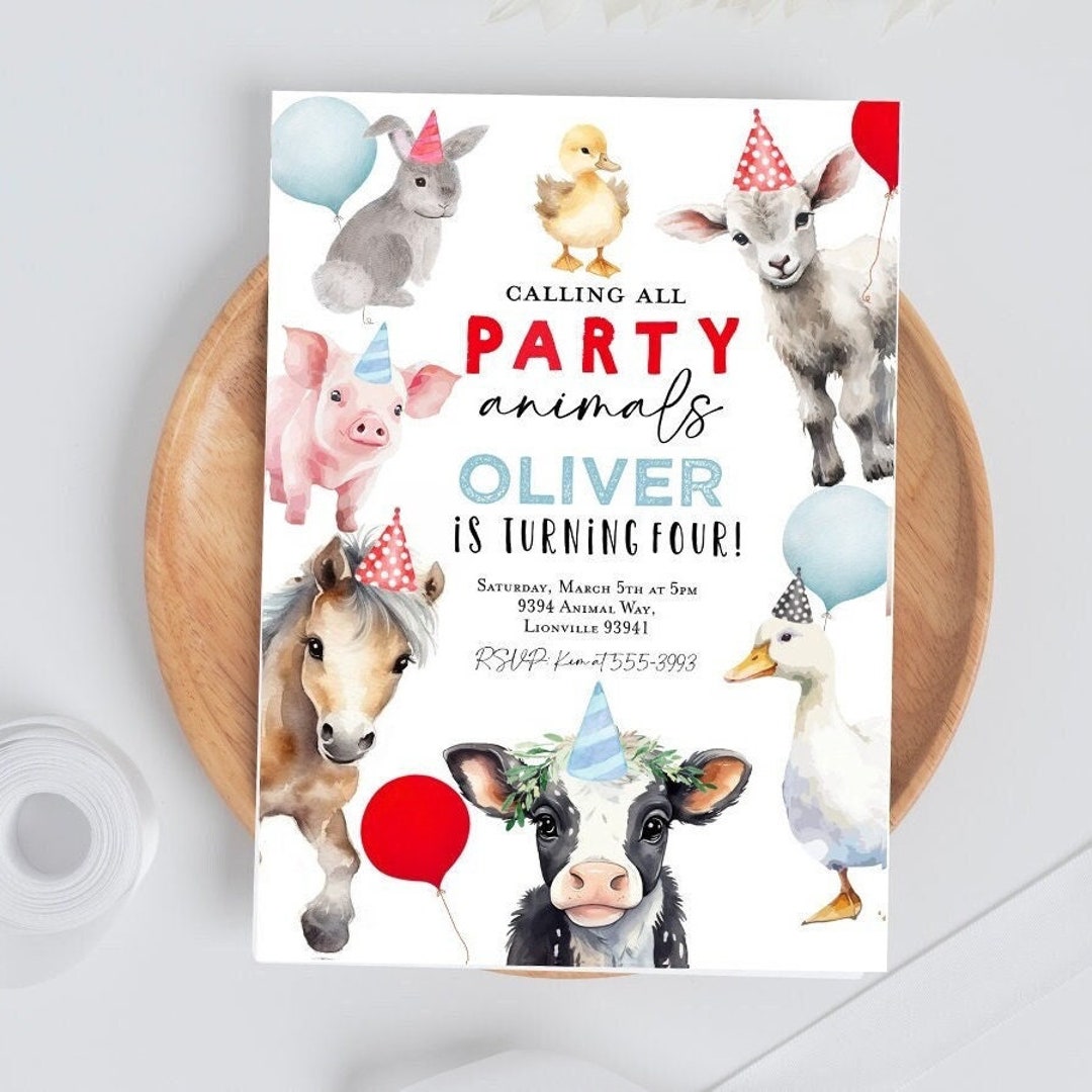 Farm Animals Birthday Party Invitation Boy Farm 1st Birthday, Cow Horse ...