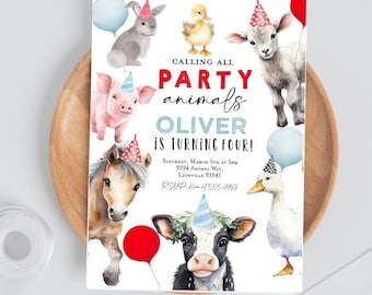 Puede incluir: Una invitación blanca con una ilustración de acuarela de animales de granja con sombreros de fiesta. El texto dice "Calling all party animals Oliver is turning four!" con detalles para la fiesta.