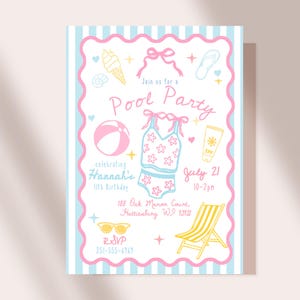 May include: Pool party invitation with a pink and blue color scheme. The invitation includes illustrations of a beach ball, swimsuit, ice cream cone, and sunglasses. The text reads "Join us for a Pool Party" and includes the date, time, and RSVP information.