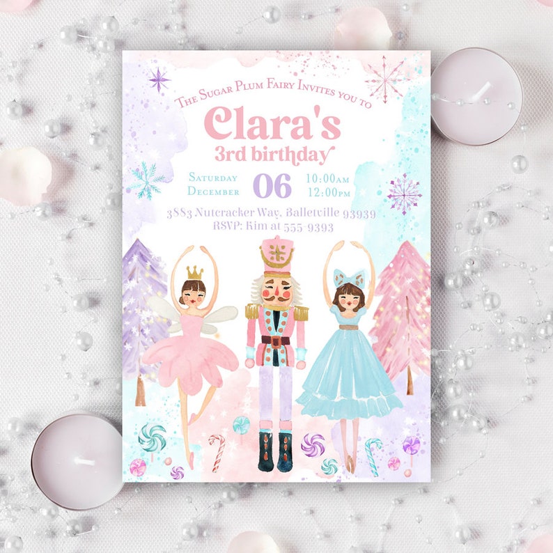 May include: A rectangular birthday invitation card featuring watercolor illustrations of a fairy, a nutcracker, and a dancer. The text reads: The Sugar Plum Fairy invites you to Clara's 3rd birthday, Saturday December 06, 10:00am-12:00pm, 3883 Nuteracker Way, Balletville 93939, RSVP: Kim at 555-9393.