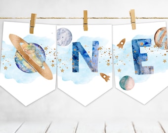 Space high chair banner, Astronaut high chair banner, Boy outer space first birthday banner printable decorations, First trip around the sun