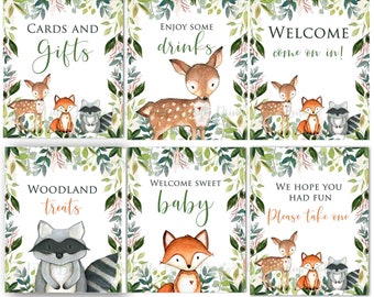 WOODLAND Baby Shower Decoraties TEKENS Jongen of gender neutraal Woodland Baby Shower Fox Deer Instant Download Food Drink Welkomstborden