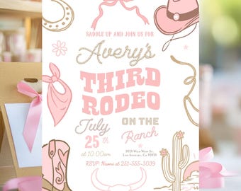 Invitación de cumpleaños de rodeo, tercer rodeo, cumpleaños de vaquera, invitación, salvaje oeste, tercer cumpleaños de rodeo, botas del suroeste, botas occidentales, tercer cumpleaños