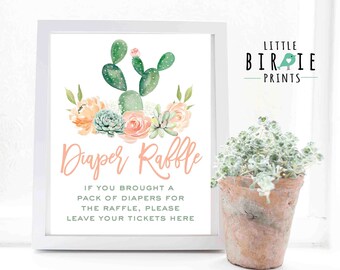 Succulent Diaper raffle sign for tickets baby shower Fiesta diaper raffle sign Cactus diaper raffle Watercolor flowers Succulent shower