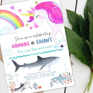 Unicorn and sharks invitation, Boy girl sibling invitation twins dual invitation, Unicorns and sharks, Shark birthday party Unicorn birthday