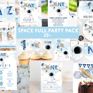 Pacchetto festa per il primo compleanno spaziale, primo viaggio intorno al sole, inviti di compleanno, grazie, tag, banner, seggiolone, poster miliare, altro