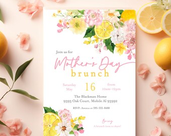 Mother's Day Brunch Lunch invitation,  Lemon Citrus Pink flowers Mom's Lunch Summer digital invite Brunch Pink blush digital printable