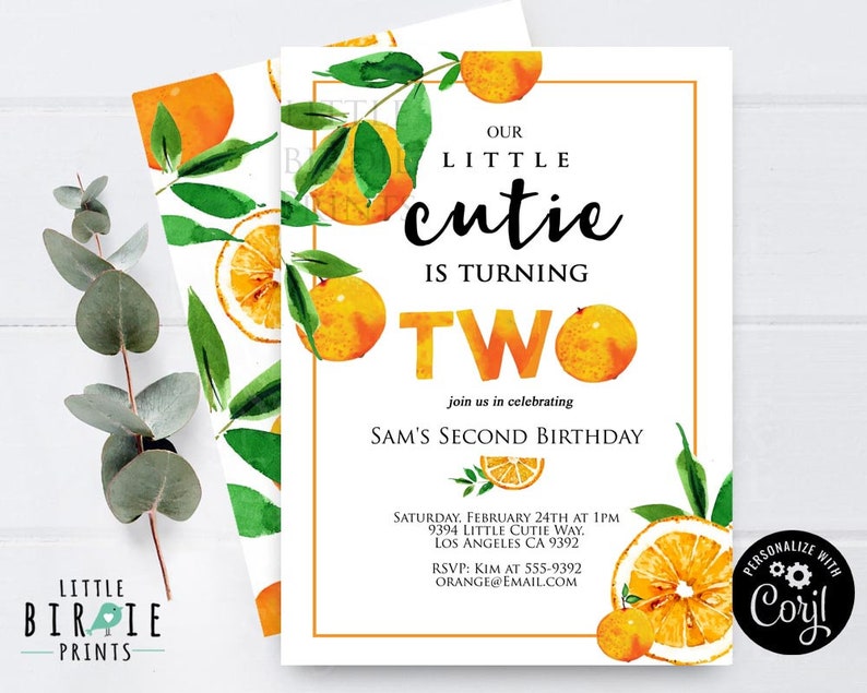 Cutie birthday invitation 2nd birthday invitation Second birthday Our little cutie is turning two invitation Citrus Fruit Oranges invite image 1