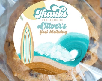 Editable THE BIG ONE favor tag, Surfing retro favor tag surfboards party stickers round circle tag, first birthday thank you sticker, cookie