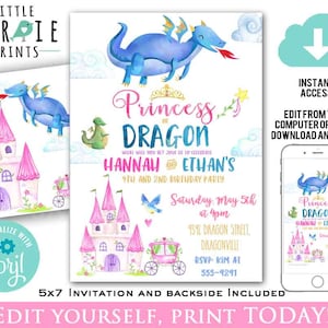 PRINCESS and DRAGON birthday invitation Boy Girl Dual twins siblings PRincesses and dragons birthday invitation printable instant  download