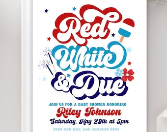 Red white and due baby shower invitation, Summer July 4th Baby Shower, Backyard bbq Memorial day baby shower, Red white and blue, fireworks