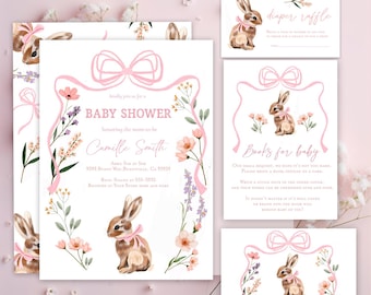 May include: A set of four baby shower invitations with a pink and floral theme. The invitations feature a watercolor illustration of a brown bunny with a pink bow. The text on the invitations reads "kindly join for a baby shower honoring the mom-to-be Camille Smith".