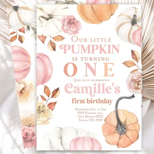 Pink Pumpkin first birthday invitation Our little Pumpkin is turning one, Girl Fall first birthday party instant download template editable