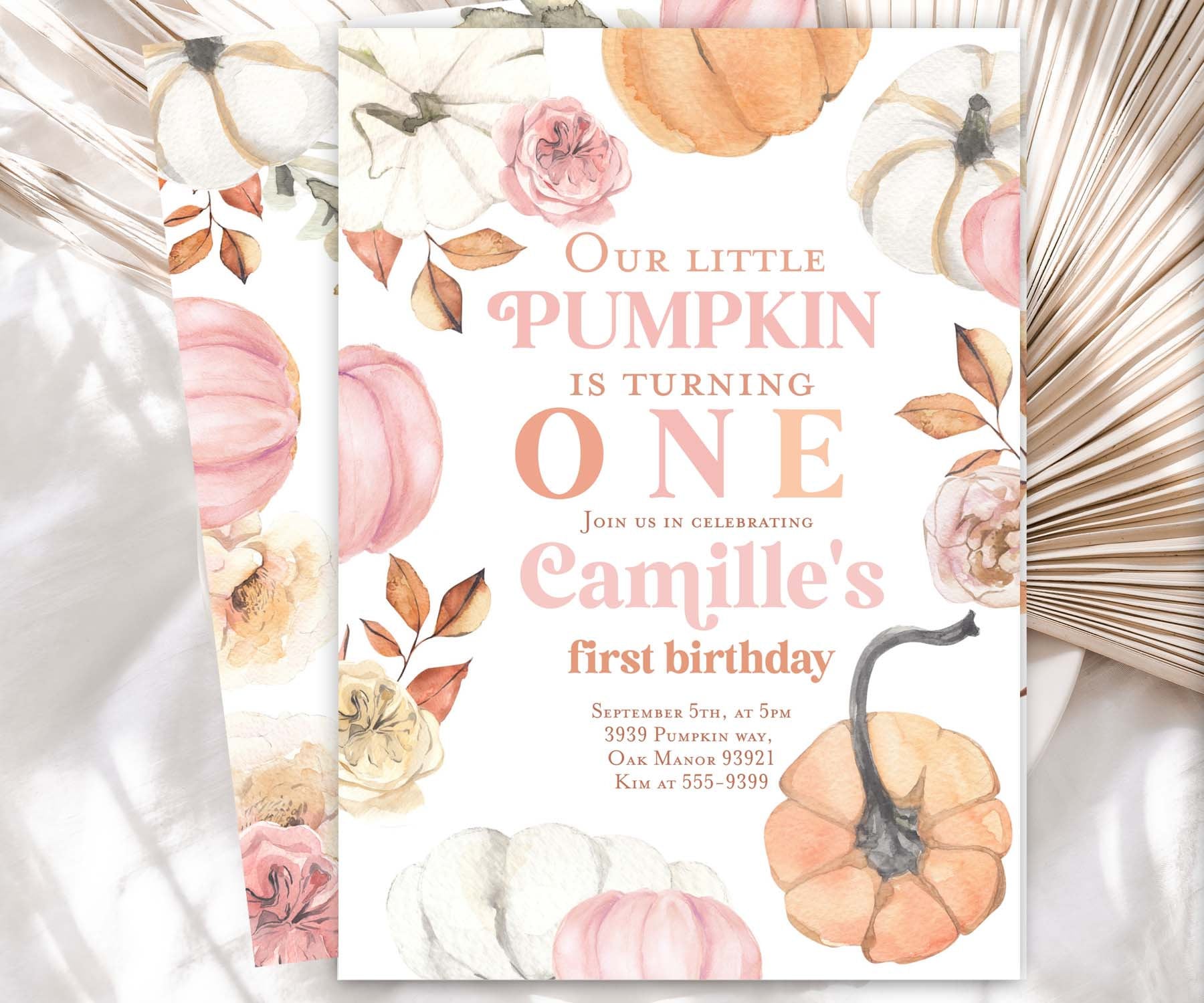 Pink Pumpkin first birthday invitation Our little Pumpkin is turning one, Girl Fall first birthday party instant download template editable
