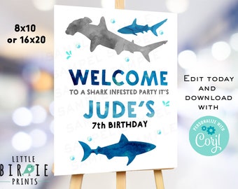 SHARK Birthday party welcome sign Shark decorations Shark party sign Under the sea pool party swim party sign editable with name age instant
