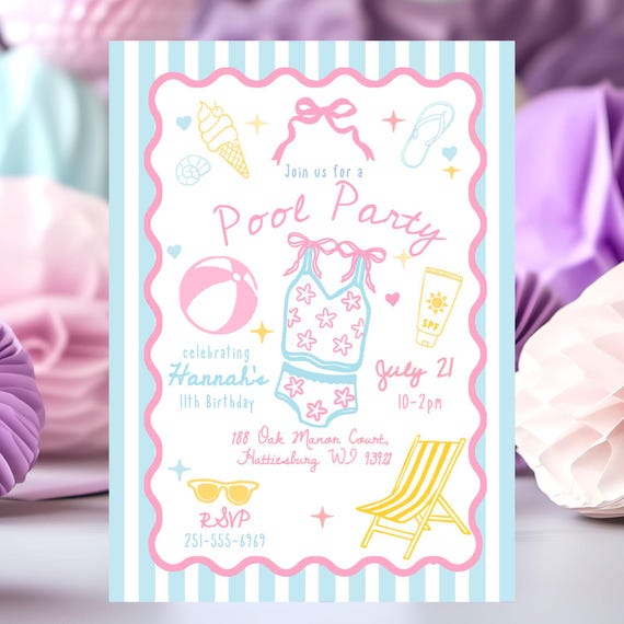 Pool Party Birthday Invitation, Summer Party Invite, Swim Birthday Party doodle hand drawn Pool Party template beach ball Pink bow girl