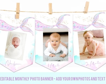 May include: Three white pennant banners featuring a watercolor mermaid tail design with gold glitter accents. Each banner displays a photograph of an infant and the text Newborn, 1 Month, and 2 Months. The banners are suspended by wooden clothespins.