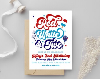 Red white and two invitation, Red white and blue 2nd birthday July 4th Memorial day, Summer BBQ Fireworks Ice cream Pool Party second