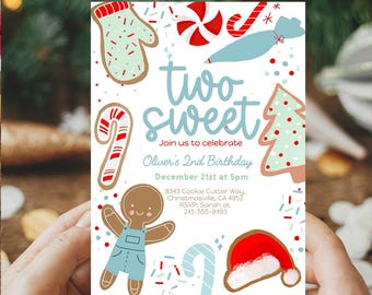 Two sweet Christmas cookie birthday invitation, Winter Boy 2nd birthday invitation, cookie decorating baking, santa gingerbread man invite
