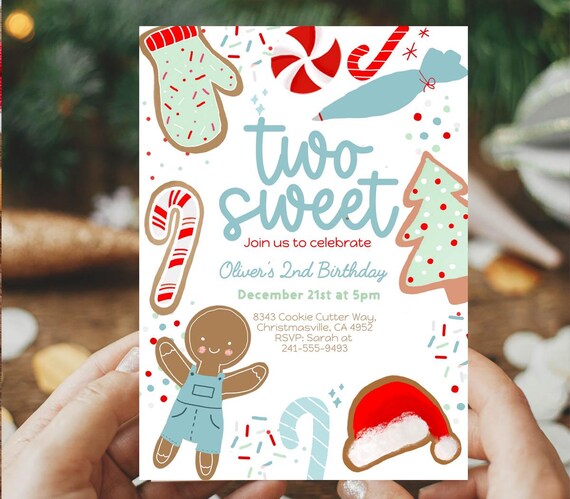 Two sweet Christmas cookie birthday invitation, Winter Boy 2nd birthday invitation, cookie decorating baking, santa gingerbread man invite