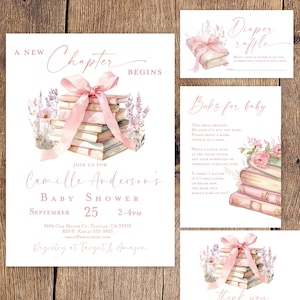 Pode incluir: Conjunto de convites para chá de bebê com uma pilha de livros amarrados com uma fita rosa, lavanda e o texto "A New Chapter Begins". Inclui um cartão de rifa de fraldas, um cartão "Livros para bebê" e um cartão de agradecimento.
