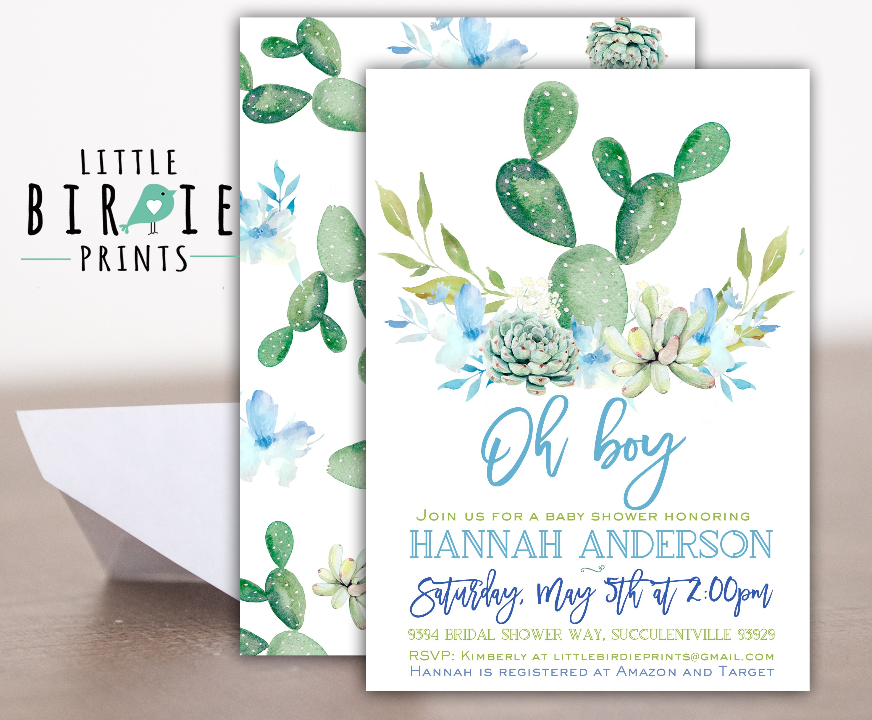 SUCCULENT BABY SHOWER Invitation Boy Blue Watercolor flowers Etsy