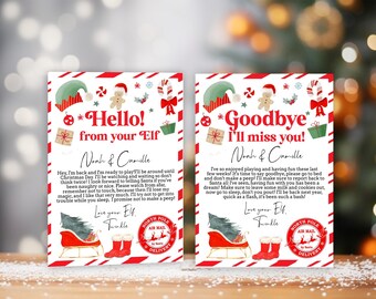 Carta de llegada de elfo y carta de despedida de elfo, actividad navideña para niños, descarga instantánea imprimible, carta de saludo, carta de despedida de Papá Noel