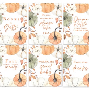 Borden herfst babyshower Pompoen babyshower boeken en cadeaus, bord feestbedankjes, bord eten drinken welkomstbord bord luier loterij herfstbladeren