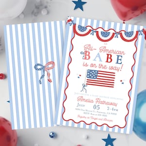 All-American Babe baby shower invitation, Girl baby shower Red white and blue Due baby shower American Flag July 4th Fireworks USA  Bow