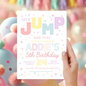 TRAMPOLINE BIRTHDAY INVITATION Girl Trampoline party Jump party Jump invitation Bounce castle Trampoline park Birthday party invite pastel