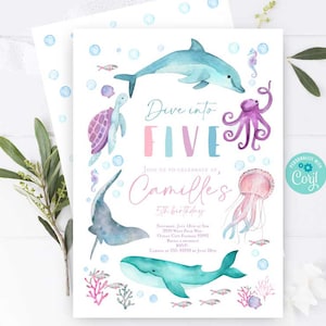 Dive into five invitation, Girl Under the sea birthday invitation pink, Dolphin jellyfish whale fish birthday, Girl summer pool party