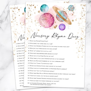 Pink Space Baby shower jeu de comptine quiz, Girl Baby Astronaut Planets Space baby shower jeu de comptine quiz cartes jeu Planets