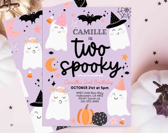 TWO SPOOKY Halloween Purple Ghost 2nd Birthday Party Invitation Editable, Ghost Second Birthday Spooktacular 2nd Birthday Instant download