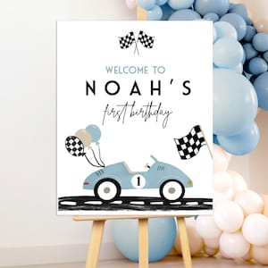 Vintage Auto Geburtstag Willkommensschild, schnell eins, zwei schnell Geburtstag, 1. Geburtstag 2. Geburtstag jedes Alter, Blaues Retro-Auto-Willkommensschild Dekorationen