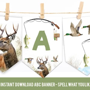 Hunting fishing birthday party decorations bunting banner pennants, Ducks deer fish birthday, Party banner printable hunting fishing