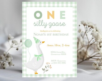 Könnte beinhalten: Eine Einladung mit grünem und weißem Karomuster mit einer Cartoon-Gans, die einen Partyhut trägt und einen grünen Ballon hält. Der Text lautet "ONE silly goose kindly join us in celebrating NOAH'S 1ST BIRTHDAY APRIL 10TH, 2-4PM 93934 GOOSE WAY, GOOSEVILLE 93939 RSVP SAMANTHA AT 818-555-0394"
