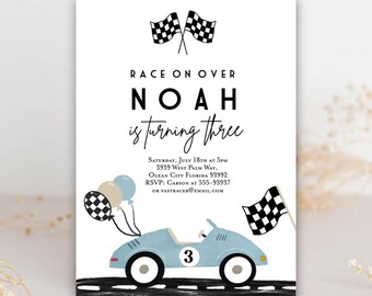 Vintage race car birthday invitation blue, Fast One Two Fast any age birthday invitation, Retro car birthday party, printable instant