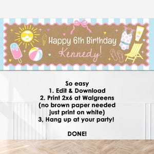 May include: A rectangular banner with a brown textured background and light blue and white striped borders. It features the text Happy 6th Birthday Kennedy, a yellow sun, ice cream, a beach ball, a swimsuit, flip-flops, and a lounge chair.
