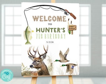 May include: A white rectangular birthday sign featuring a fishing rod, a fish, a deer, and two flying ducks. The text reads WELCOME TO HUNTER'S 7TH BIRTHDAY 5.12.24 and GONE FISHING on a small wooden sign. The design includes watercolor illustrations.