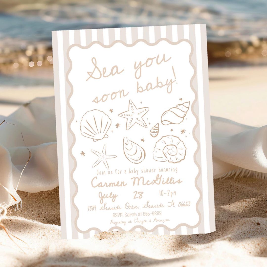 Seashell Baby Shower Invitation Sea You Soon Baby, Coastal Summer ...