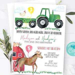 Boy and Girl FARM invitation Tractor and Horse invitation Sibling Dual Farm birthday party Barn animals Tractor horses invitation girl boy