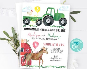 Boy and Girl FARM invitation Tractor and Horse invitation Sibling Dual Farm birthday party Barn animals Tractor horses invitation girl boy
