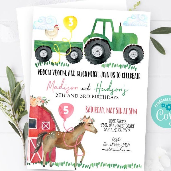 Boy and Girl FARM invitation Tractor and Horse invitation Sibling Dual Farm birthday party Barn animals Tractor horses invitation girl boy