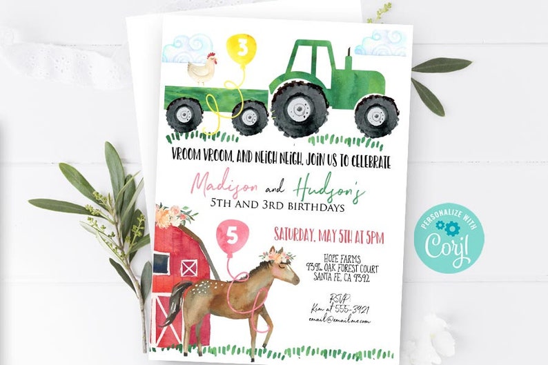 Boy and Girl FARM invitation Tractor and Horse invitation Sibling Dual Farm birthday party Barn animals Tractor horses invitation girl boy image 1